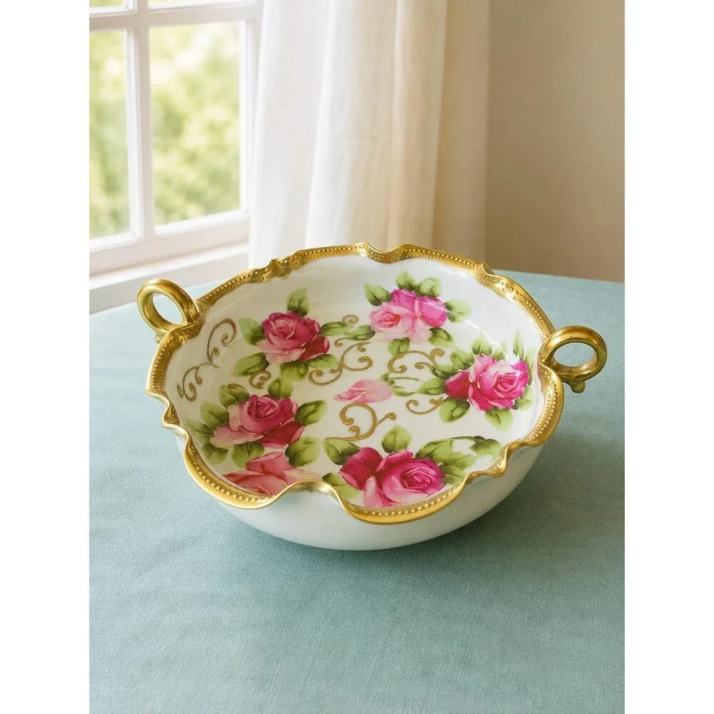 Antique Nippon Hand Painted Rose Porcelain Bowl Gold Trim c.1890s